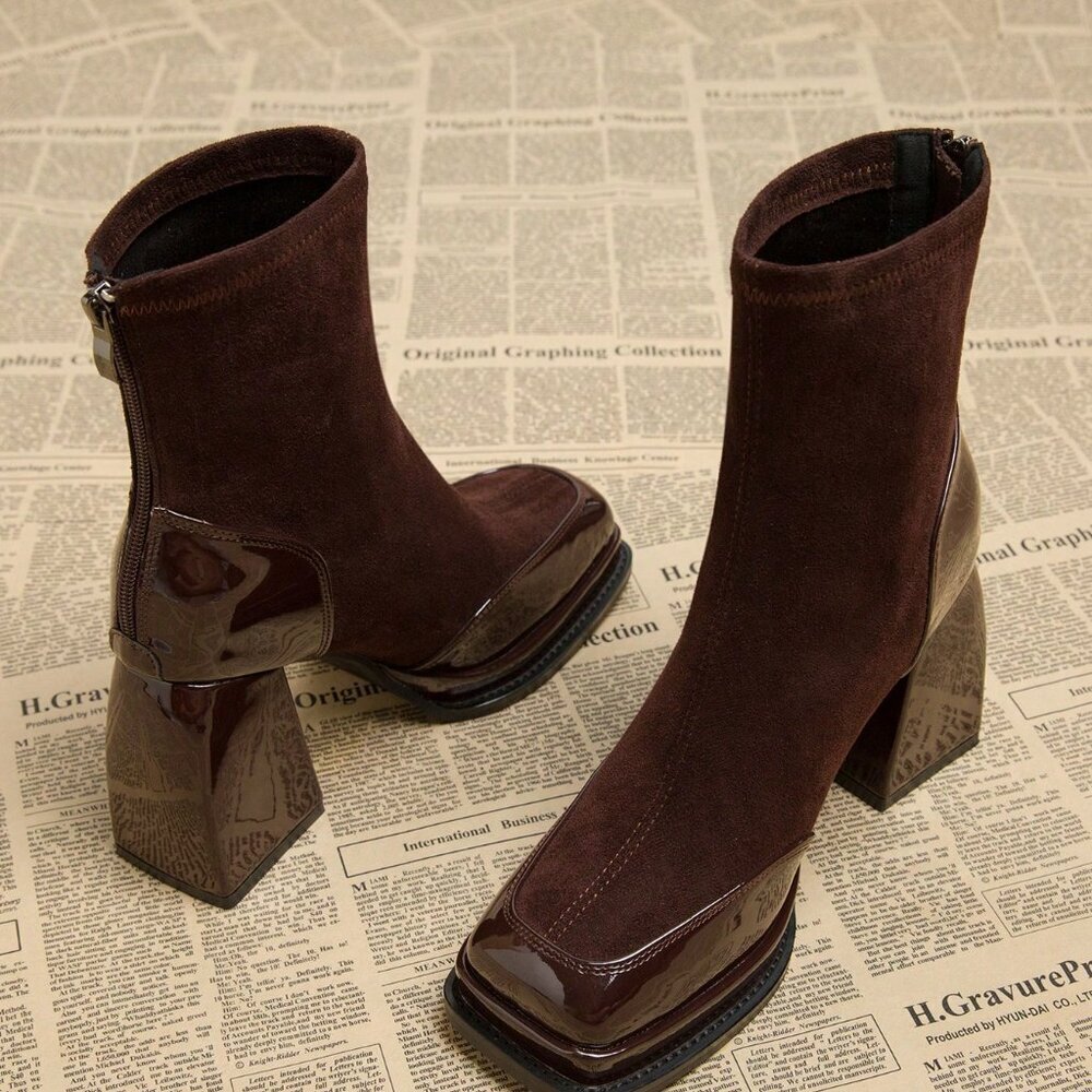 Burgundy Elegant Women's Waterproof Platform High Heel Boots - Picture 4 of 5